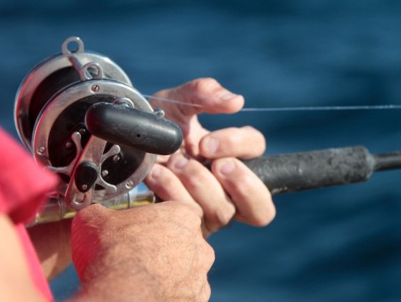 Hand holding a fishing rod on a charter in Orange Beach