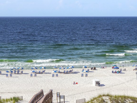 Aerial view of beach from a balcony at a Gulf-front hotel in Orange Beach