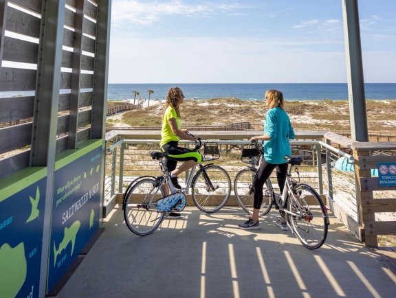 Women biking in Gulf State Park in Gulf Shores