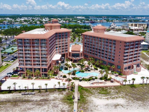 Aerial view of Perdido Beach Resort, beachfront resort in Orange Beach