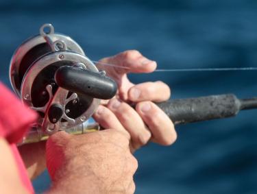 Hand holding a fishing rod on a charter in Orange Beach