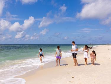 Family walking together along the shore in Orange Beach