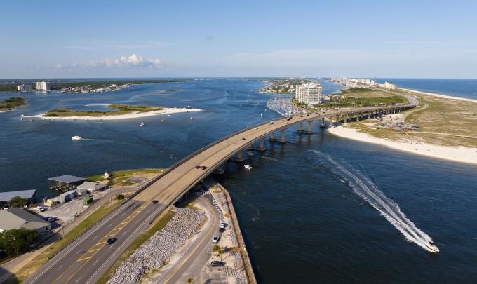 Aerial view of Perdido Pass Bridge in Orange Beach