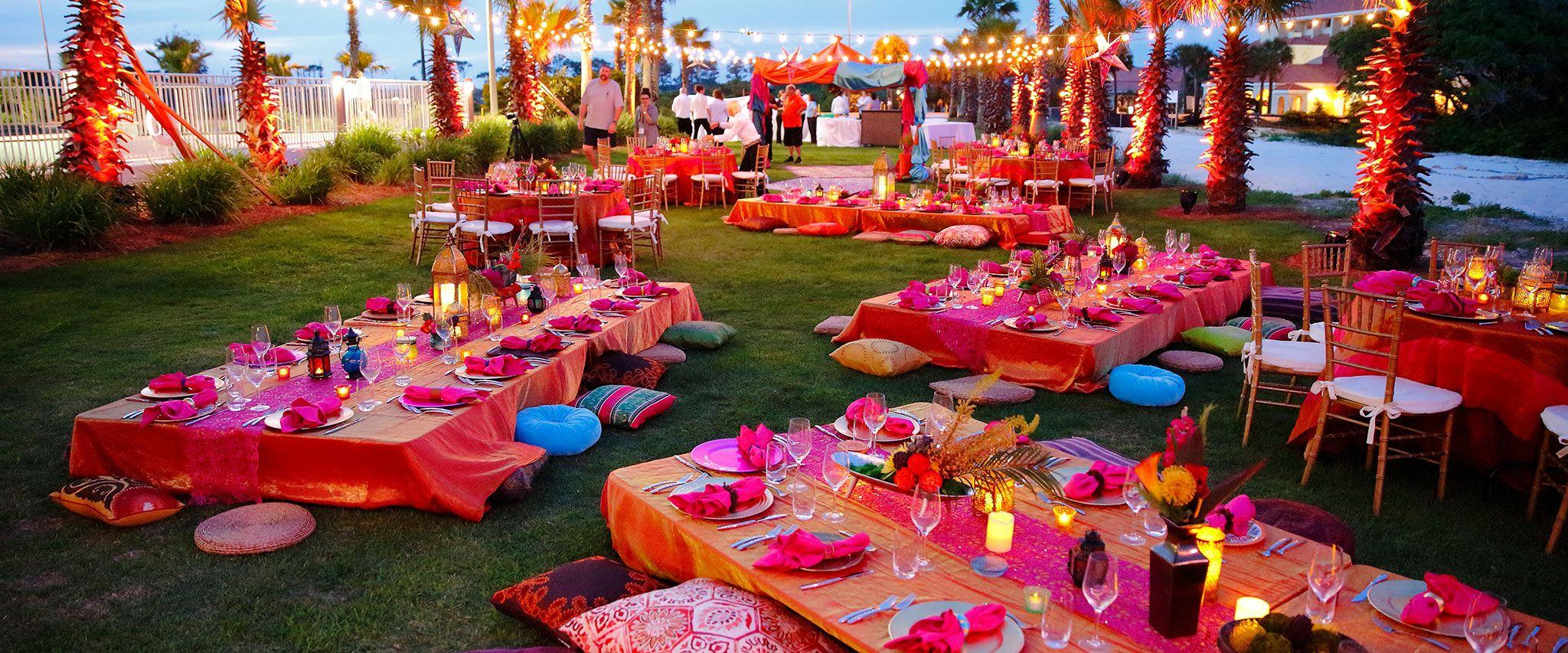 colorful table settings at the beach in orange beach