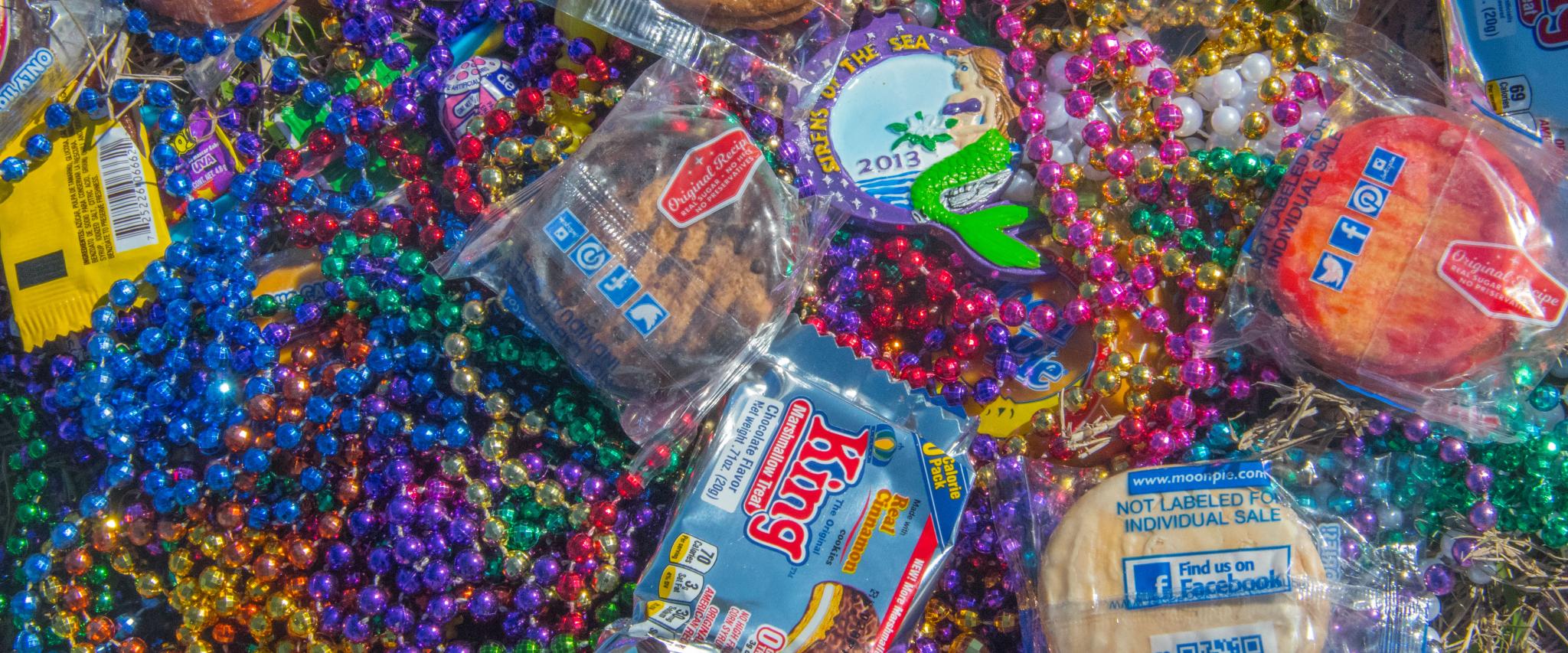 Mardi Gras beads and moon pies
