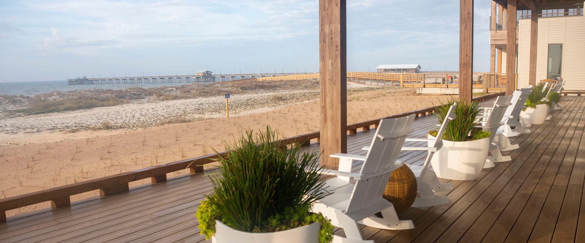 The back porch at The Lodge at Gulf State Park in Gulf Shores, AL