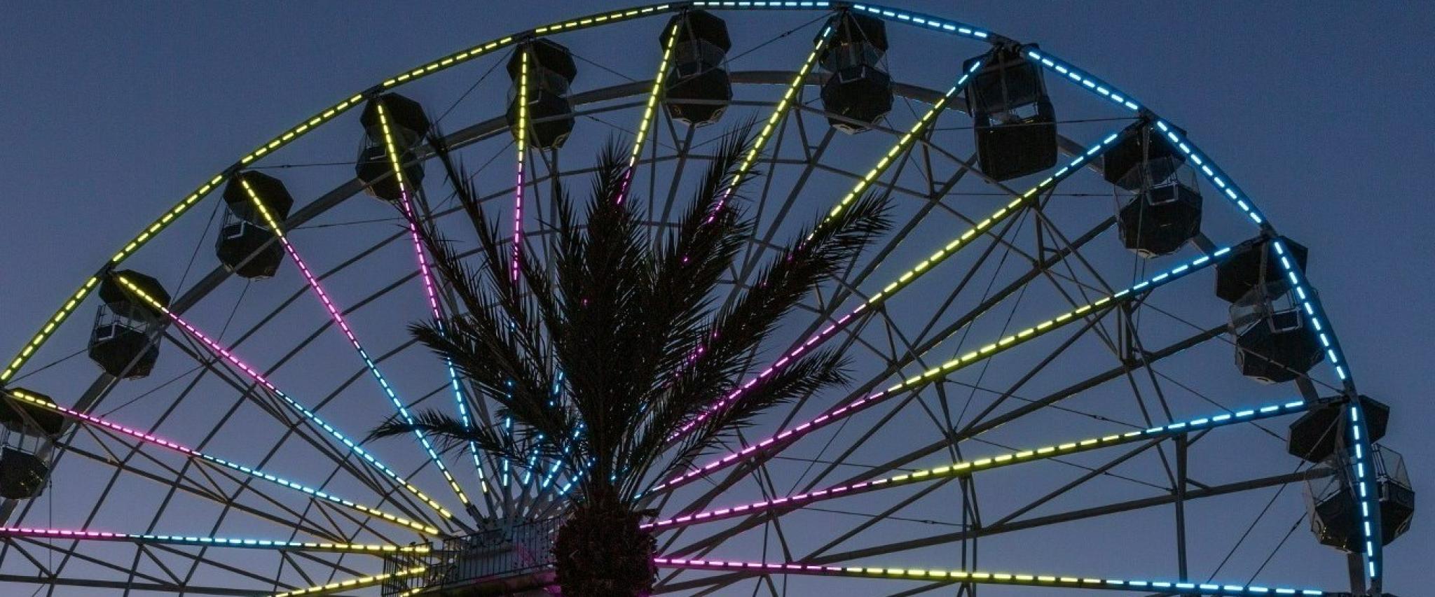The Ferris Wheel at the Wharf lights up in neon colors against the evening sky.