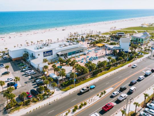 Aerial photo of The Hangout, popular restaurant and beachfront bar in Gulf Shores