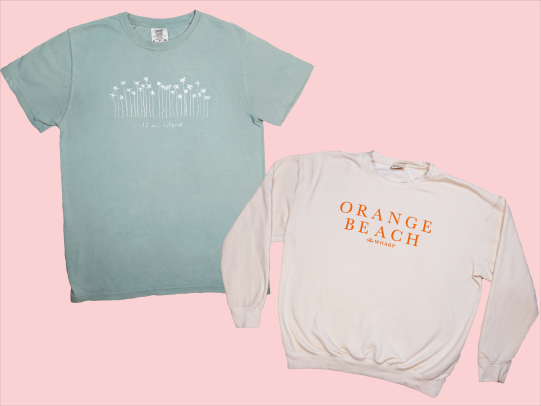 32 mile island t shirt and wharf store sweatshirt, beach apparel in Gulf Shores and Orange Beach
