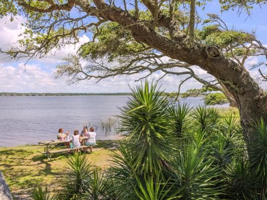 People sitting at a picnic table under the trees at Lake Shelby in Gulf State Park