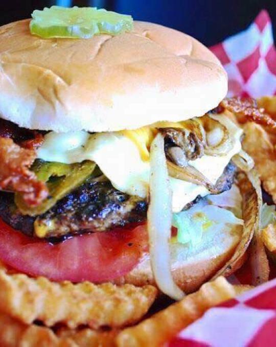 Burger and fries on a tray