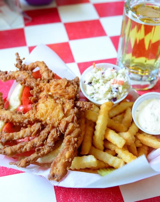 Soft shell crab burger, fries and beer