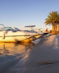 Boat at Flora-Bama Yacht Club waterfront restaurant in Orange Beach
