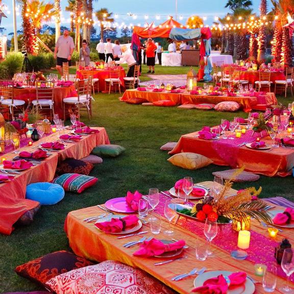 colorful table settings at the beach in orange beach