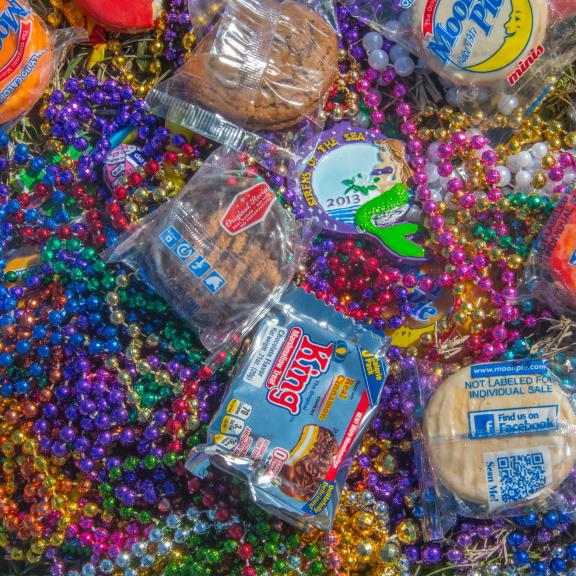 Mardi Gras beads and moon pies