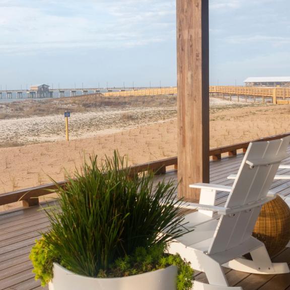 The back porch at The Lodge at Gulf State Park in Gulf Shores, AL