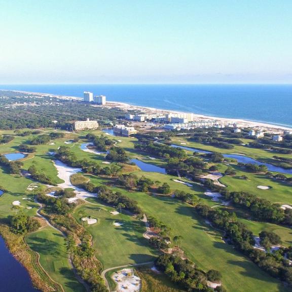 Aerial view of golf course along Alabama's beaches