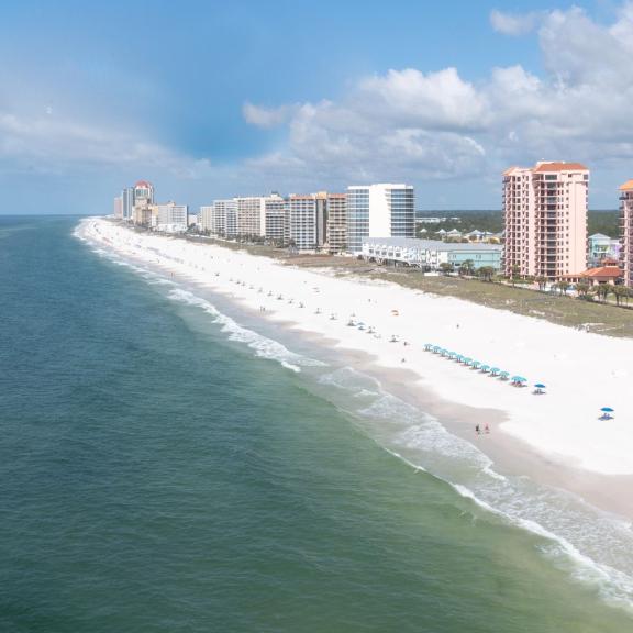 Aerial view of the white-sand beaches in Orange Beach