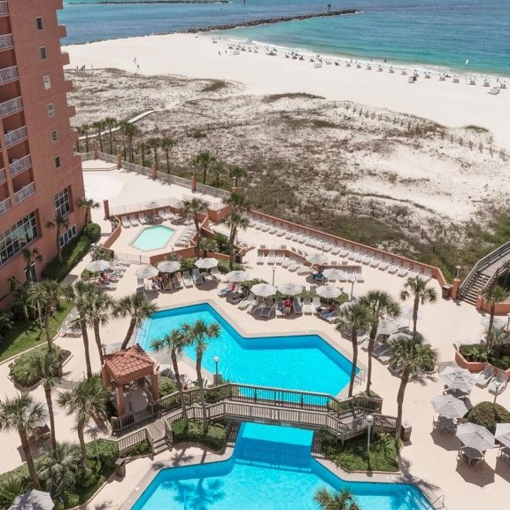 Aerial view of Perdido Beach Resort beachfront hotel in Orange Beach