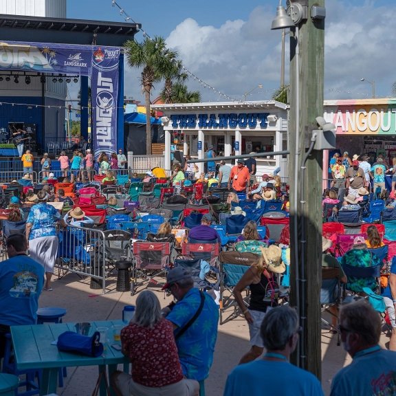 crowd listening to live music at The Hangout beach bar in Gulf Shores