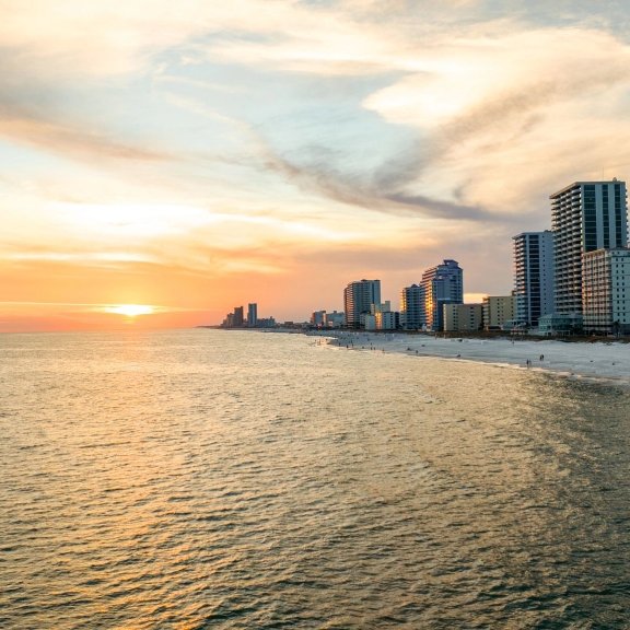 aerial view of sunset over the Gulf in Orange Beach