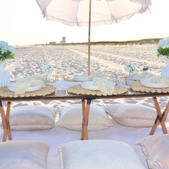picnic set up on the beach by Beachside Blankets in Gulf Shores