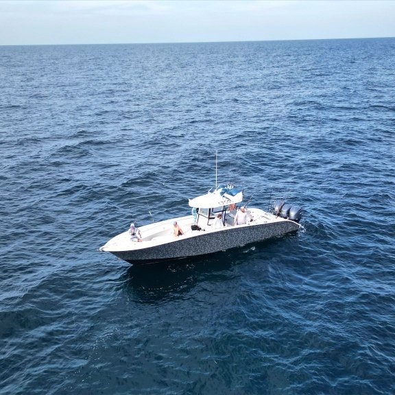 Aerial view of fishing boat in the Gulf off the shores of Orange Beach
