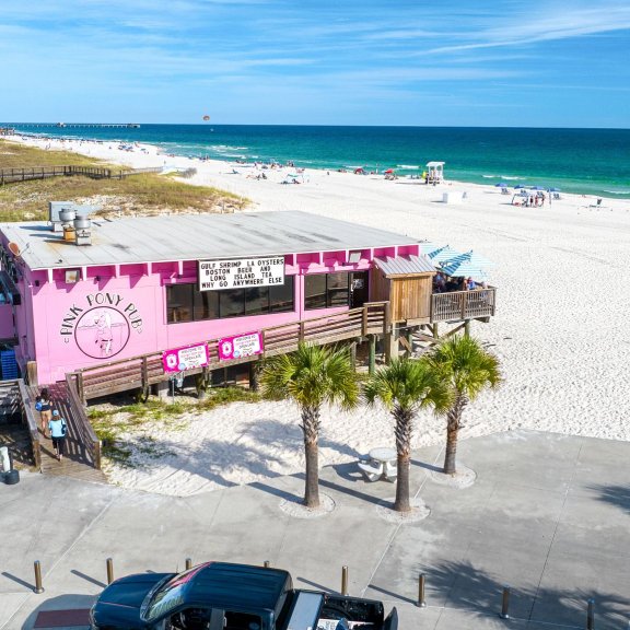 Aerial view of iconic Pink Pony Pub seafood restaurant in Gulf Shores