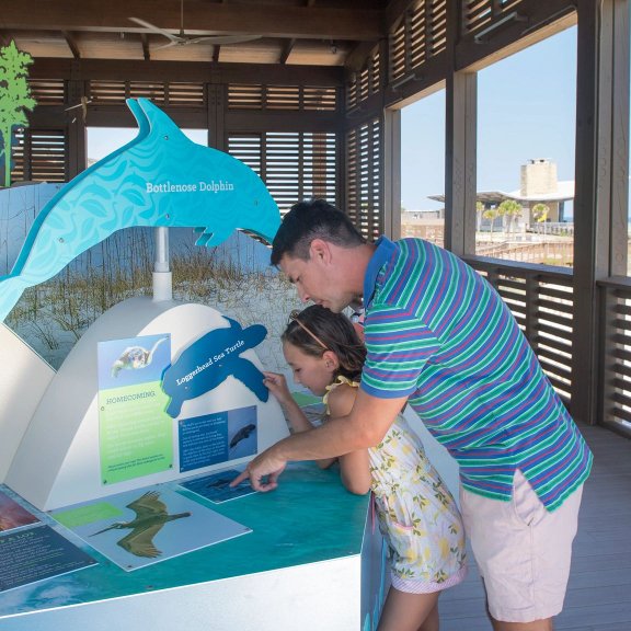Father and daughter learning at the Interpretive Center in Gulf State Park