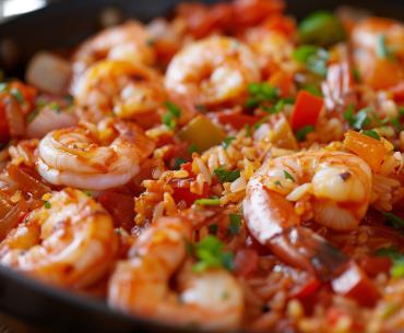 a pan of shrimp creole over rice