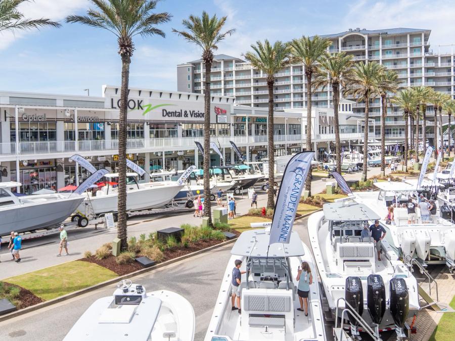 Aerial view of water vessels on display at The Wharf Boat & Yacht Show