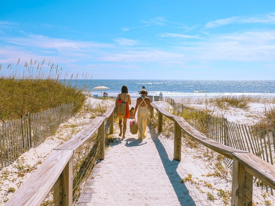 Family walking along path to the beach in Gulf Shores