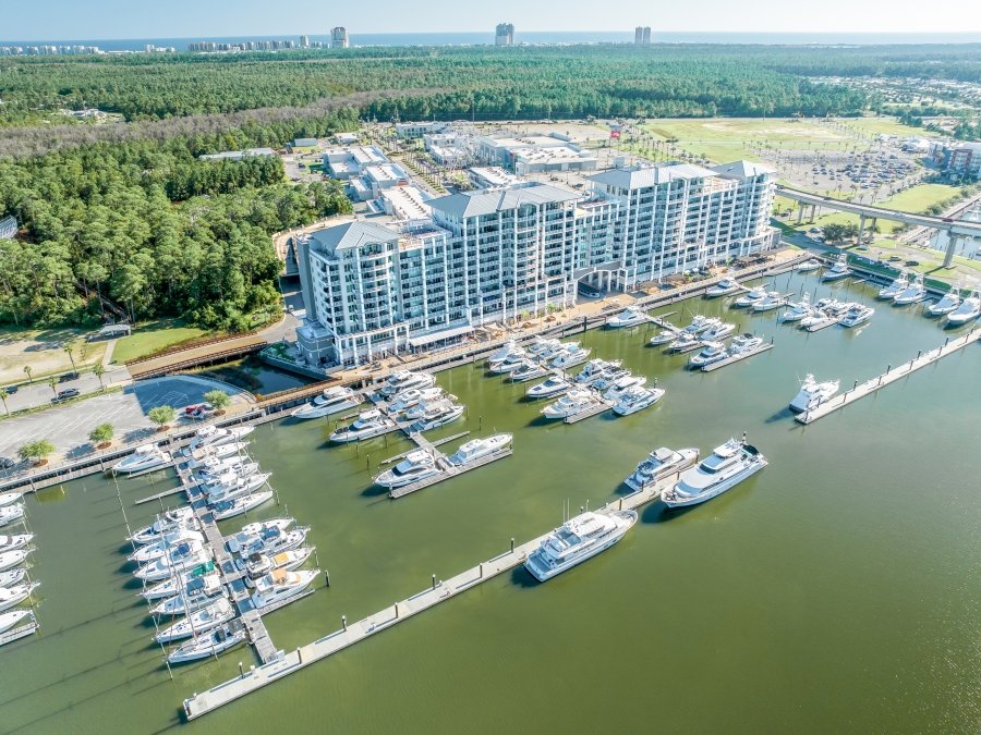 Aerial view of The Wharf Marina in Orange Beach
