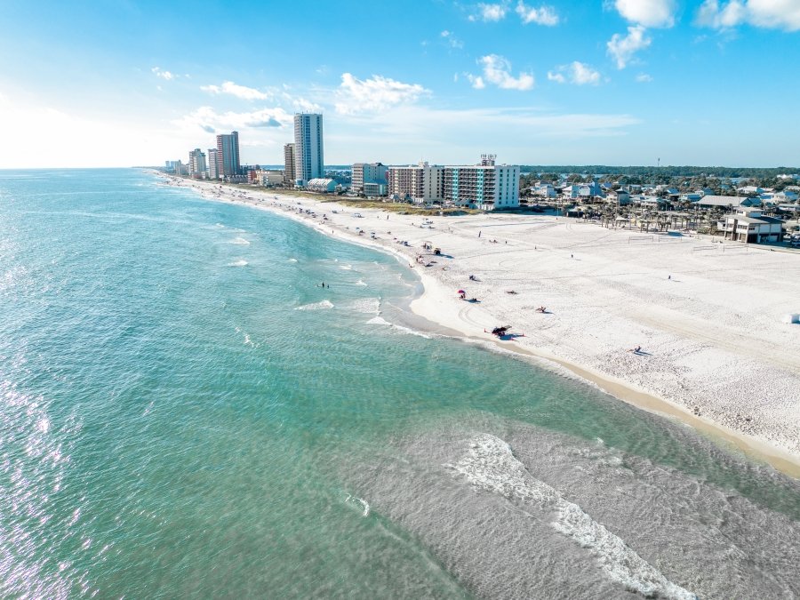 Aerial view of the shoreline and Gulf waters in Gulf Shores