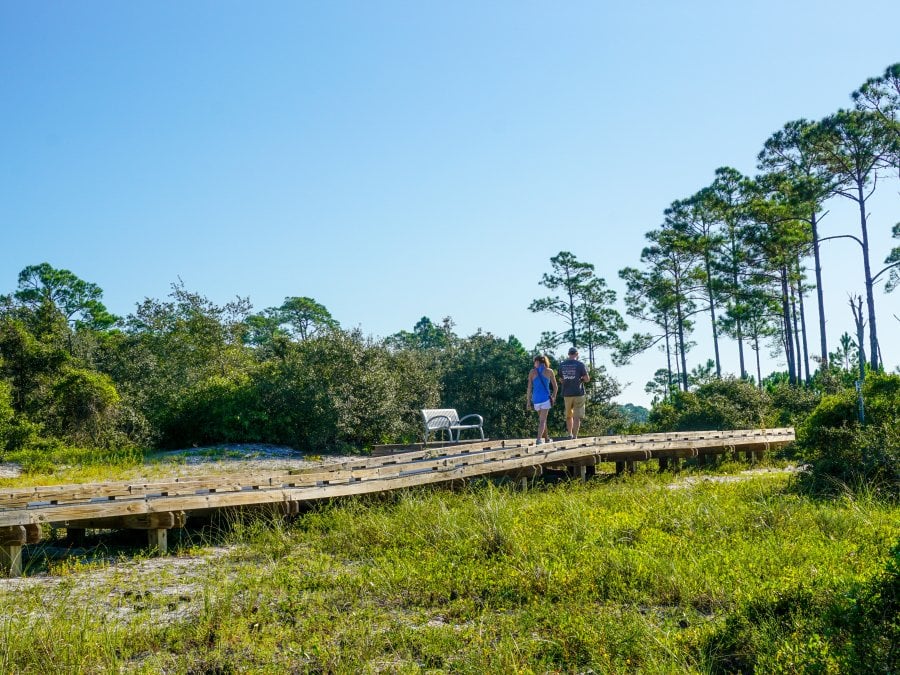 Couple walking along boardwalk trail at Bon Secour National Wildlife Refuge