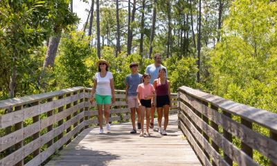 Family walking along the boardwalk trails within Gulf State Park