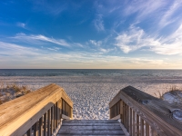Scenic view of beach boardwalk at sunset in Gulf Shores