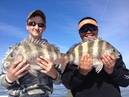 two men holding two sheepshead fish