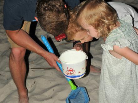 Dad and kids hunting crabs on Alabama's beaches