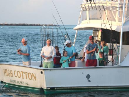 Men fishing in the Gulf from an inshore fishing charter boat in Orange Beach