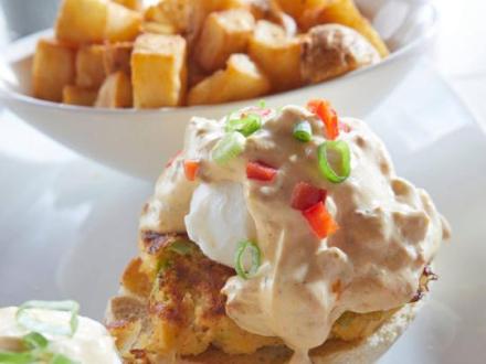 crab cake Benedict at Another Broken Egg Cafe in Orang Beach