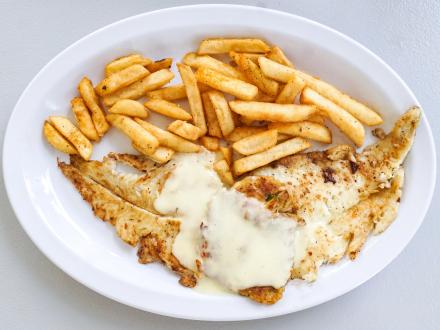 Crab crusted flounder and fries from The Hammered Crab