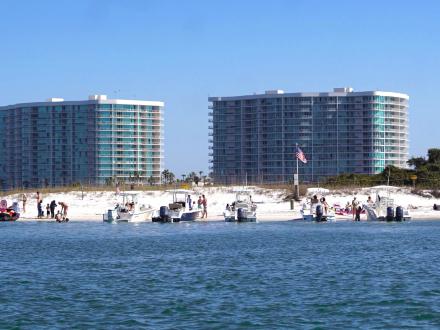 Boats parked at Bird Island in Orange Beach, Alabama