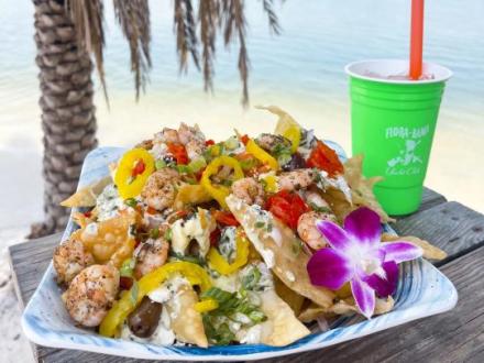 Big plate of Greek shrimp nachos Flora-Bama Yacht Club waterfront restaurant in Orange Beach