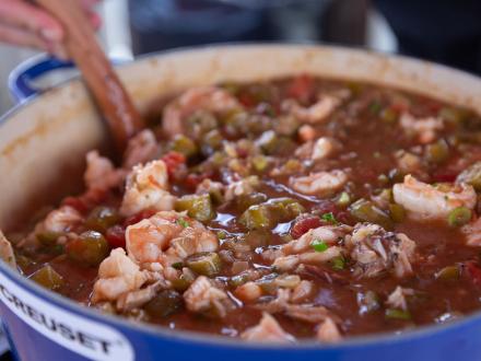 A pot of seafood gumbo cooking at LuLu's waterfront restaurant in Gulf Shores
