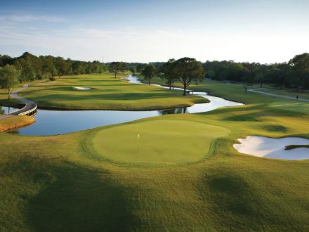 Scenic, aerial photo of the greens at Gulf Shores Golf Club