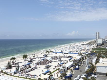 Aerial view of the venue and courts at the NCAA Beach Volleyball Championship in Gulf Shores