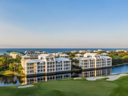 Aerial view of Kiva Dunes Resort's golf course and lodging in Fort Morgan