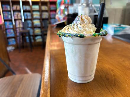 Delicious king cake bushwacker Mardi Gras cocktail at Doc's Seafood Shack in Orange Beach