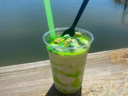 St. Patrick's Day green bushwacker with Lucky Charms at Avenue Pub, waterfront outdoor restaurant in Orange Beach